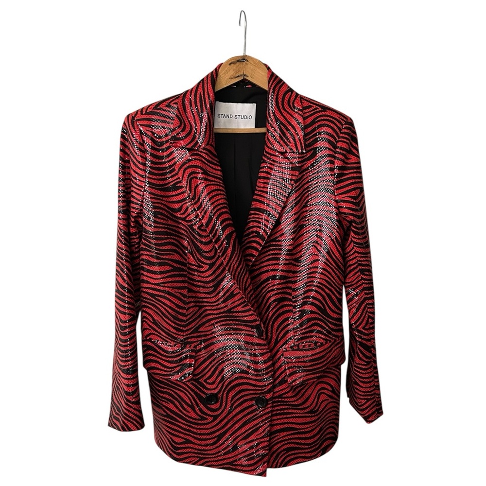Stand Studio | Women's Red and Black Shiny Zebra Patterned Faux Snakeskin Blazer